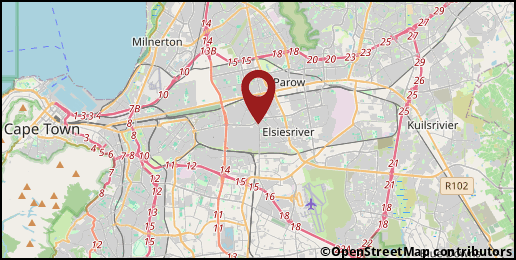 a map with a pin at -33.9300,18.5661